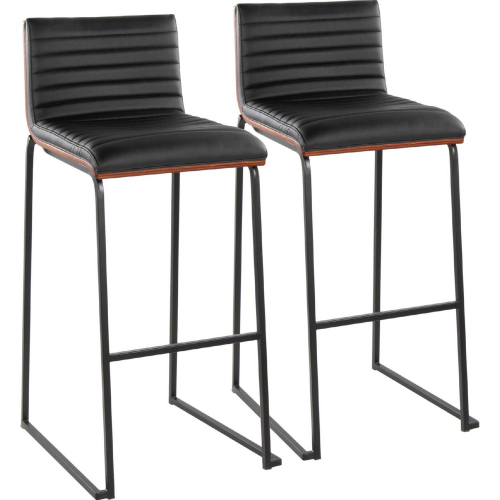 Mason Mara 30" Bar Stool in Black Metal, Walnut Wood & Black Leatherette (Set of 2)